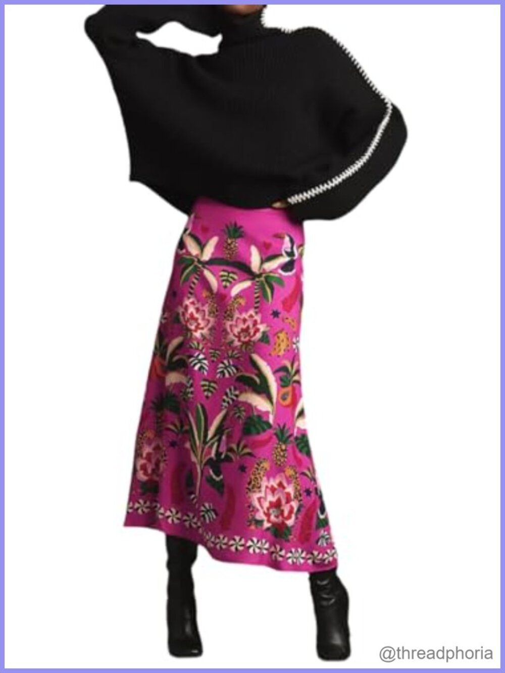 Women's Tropical Plant Print Midi A-Line Skirt High Waist Zipper Polyester